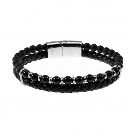 Zwarte Dubbele Armband Heren Zwarte Leren RVS Natuursteen Kralen