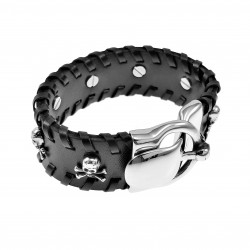 Leren Armband Heren - Zwarte Leer - Brede Armband met RVS Schedels