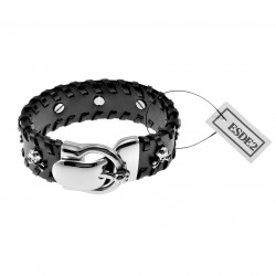 Leren Armband Heren - Zwarte Leer - Brede Armband met RVS Schedels
