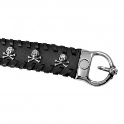 Leren Armband Heren - Zwarte Leer - Brede Armband met RVS Schedels