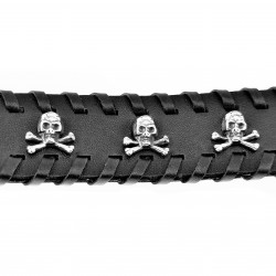 Leren Armband Heren - Zwarte Leer - Brede Armband met RVS Schedels