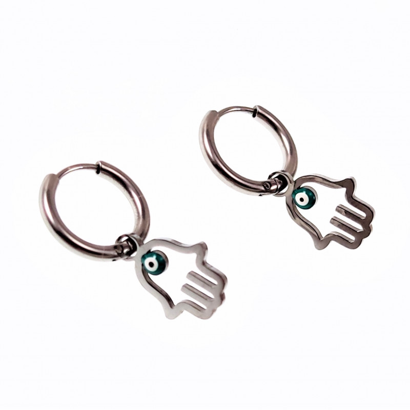 Oorringen Dames Hand van Fatima met Boze Oog Hanger RVS Zilver Kleur Oorringen Dames Hand van Fatima met Boze Oog Hanger RVS Zilver Kleur
