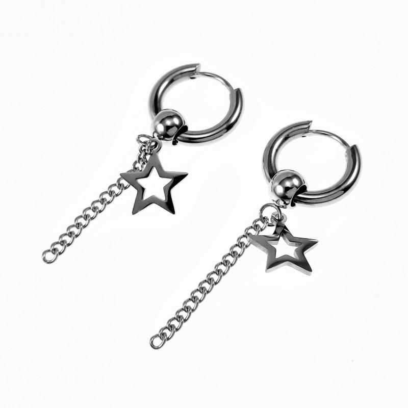 ∅15mm Oorringen met Ketting een Sterhanger Unisex - Stalen Zilver Kleur ∅15mm Oorringen met Ketting een Sterhanger Unisex - Stalen Zilver Kleur