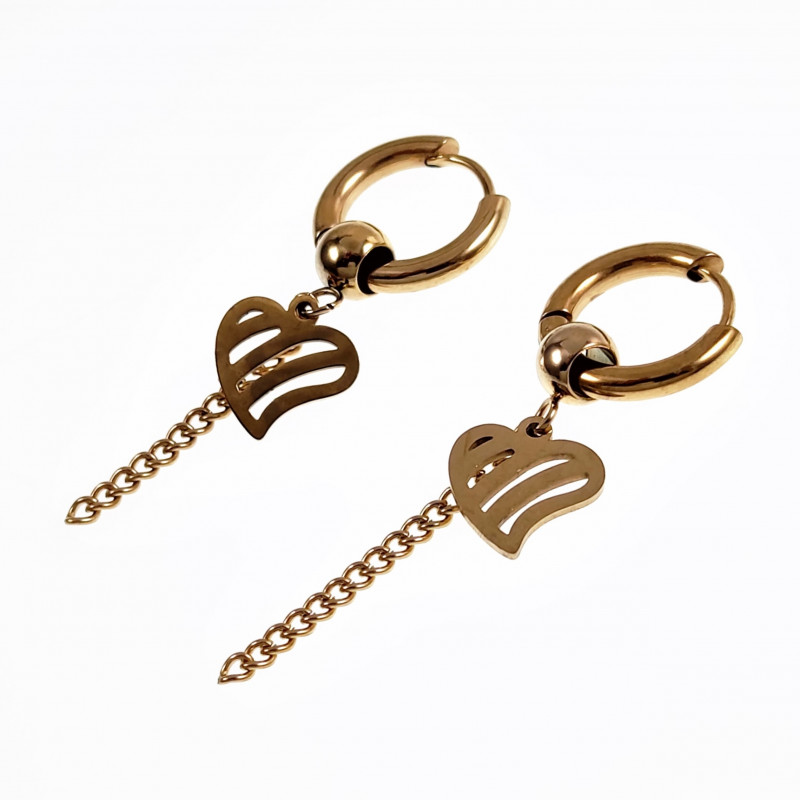 Ø15mm Oorringen Unisex - Stalen Goudkleur - Oorbellen met Ketting een Harthanger