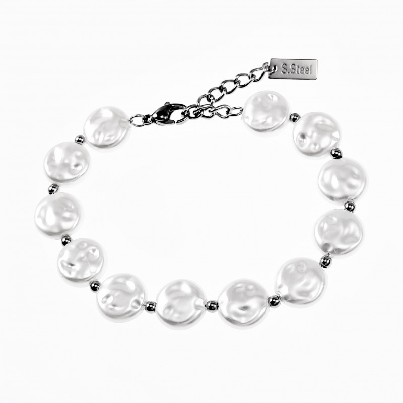 Platte Barok Parels Armband Dames - Stalen Zilver Kleur Witte Armband Platte Barok Parels Armband Dames - Stalen Zilver Kleur Witte Armband
