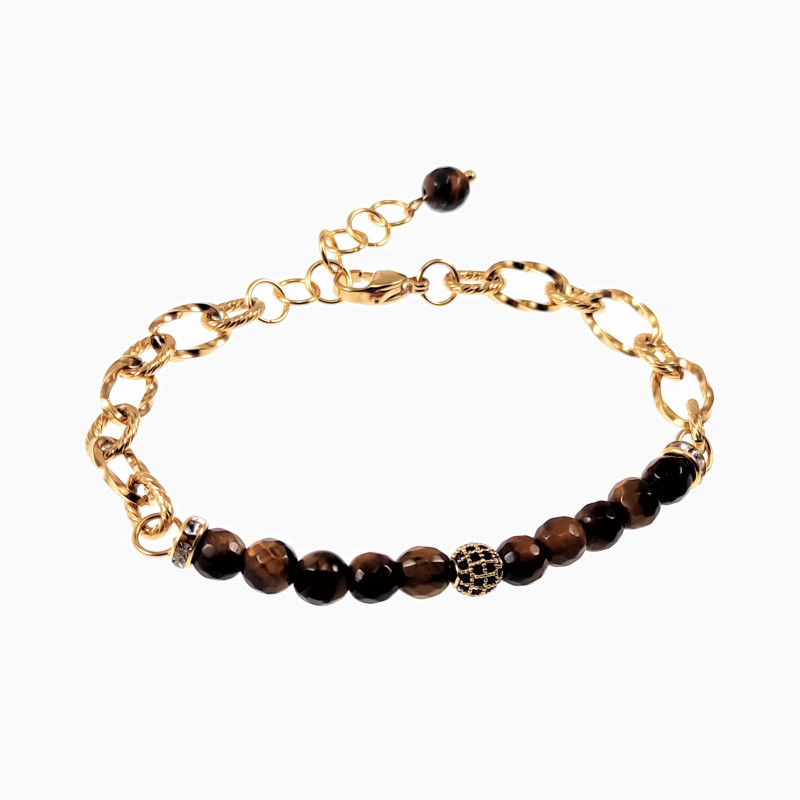 Kralen Armband Dames - Natuurstenen Tijgeroog Gefacetteerde - Verguld RVS - Verstelbaar Schakelsarmband