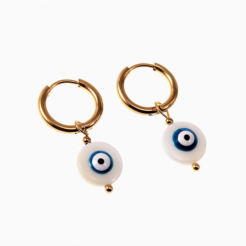 ∅14mm Oorringen met Ronde Schelp Hanger - Verguld Stalen - Dames Oorbellen met Turkse Oog