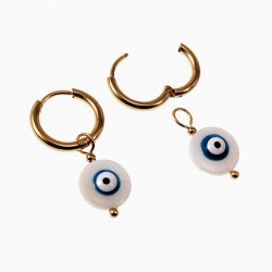 ∅14mm Oorringen met Ronde Schelp Hanger - Verguld Stalen - Dames Oorbellen met Turkse Oog