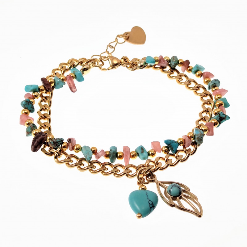Dubbele Armband Dames - Verguld Stalen - Cubaanse Schakel - Natuurlijke Turkoois - Rhodochrosiet-Stenen