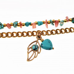 Dubbele Armband Dames - Verguld Stalen - Cubaanse Schakel - Natuurlijke Turkoois - Rhodochrosiet-Stenen