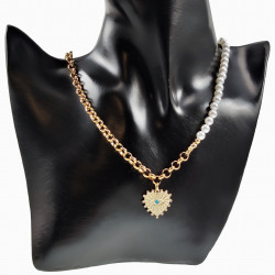 Stijlvolle Ketting Dames - Verguld Stalen - Ronde Schakels - Witte Parels en Boze Oog Hart Hanger