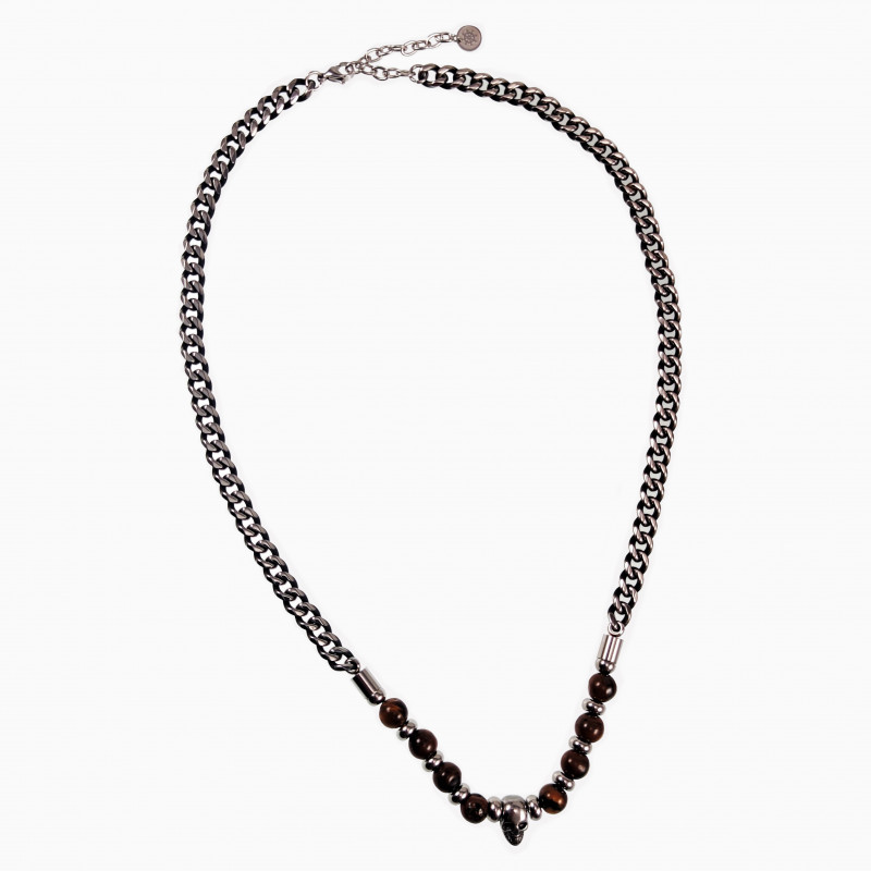 RVS - Tijgeroog Kralen Cubaanse Ketting met Doodskop Hanger Heren RVS - Tijgeroog Kralen Cubaanse Ketting met Doodskop Hanger Heren