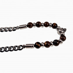RVS - Tijgeroog Kralen Cubaanse Ketting met Doodskop Hanger Heren