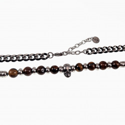 RVS - Tijgeroog Kralen Cubaanse Ketting met Doodskop Hanger Heren