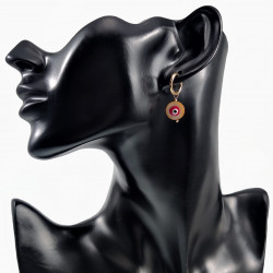∅14mm Oorringen met Bruine Ronde Schelp Hanger - Verguld Stalen - Dames Oorbellen met Rood Turkse Oog