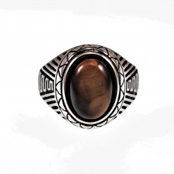 Heren Ring met Steen - Roestvrij Staal. Grote Ring met Ovale Tijgeroog