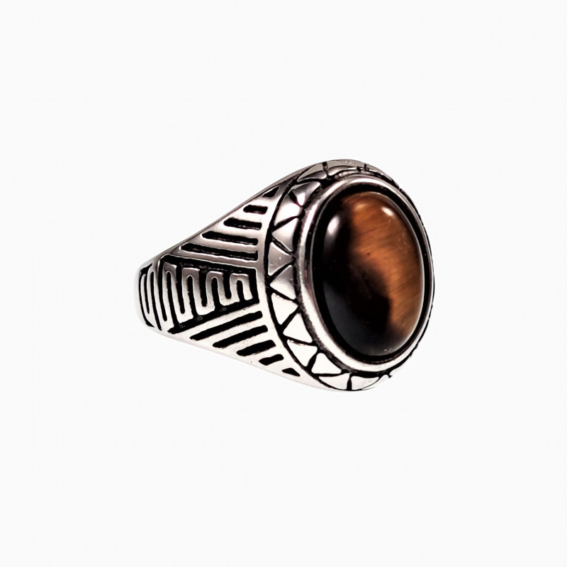 Heren Ring met Steen - Roestvrij Staal. Grote Ring met Ovale Tijgeroog