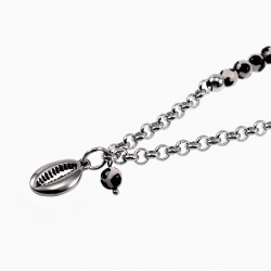 Dames RVS Ronde Schakelketting met Tibetaanse onyx kralen Schelphanger