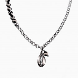 Dames RVS Ronde Schakelketting met Tibetaanse onyx kralen Schelphanger