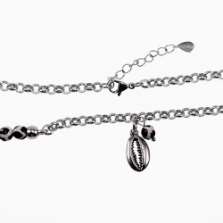 Dames RVS Ronde Schakelketting met Tibetaanse onyx kralen Schelphanger