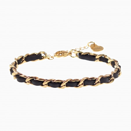 21,5cm x 6mm Cubaanse Armband met Zwarte PU-Leer Dames Verguld RVS