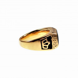 Ring Heren - Kroon Design - Verguld Roestvrij Staal - Zwarte Emaille Zegelring