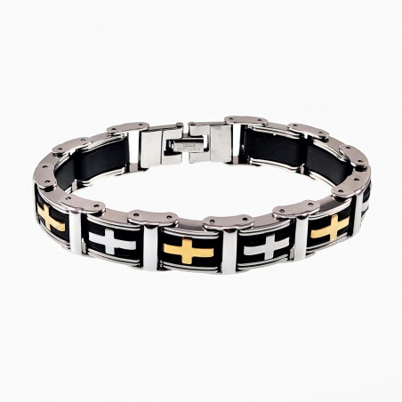 Armband Heren - Stalen Zilver/Goud Kleur - Rubber Schakelarmband -RVS Kruis