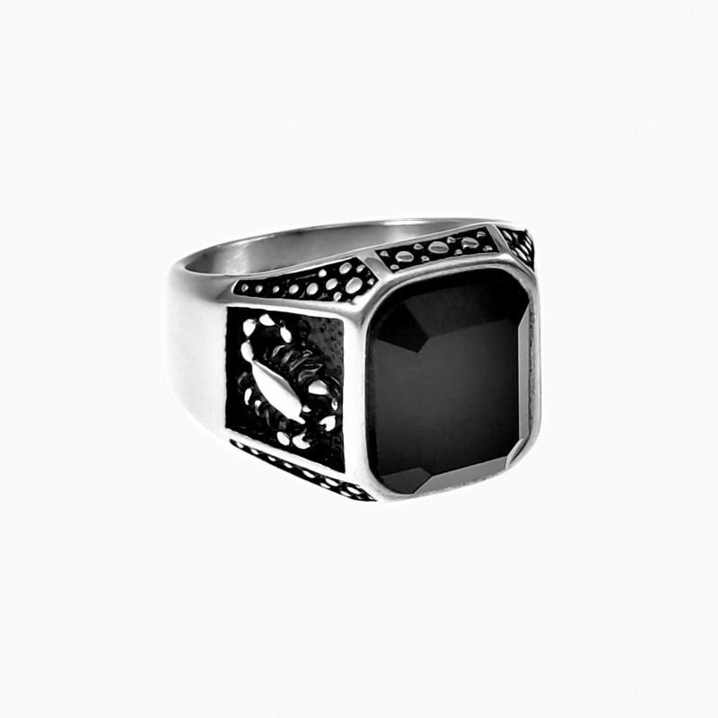 Zegelring Heren - Schorpioenen Ontwerp - Stalen Zilverkleur - Ring met Onyx Steen