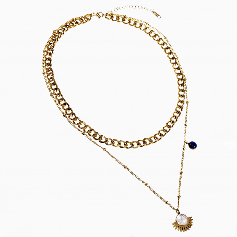 Verguld RVS Dubbele Ketting met Turks Oog en Waaier Hanger Verstelbaar Verguld RVS Dubbele Ketting met Turks Oog en Waaier Hanger Verstelbaar