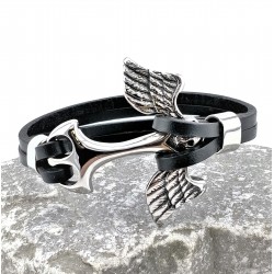 Zwart Leren Armband met RVS Adelaarsvleugels Anker