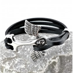 Zwart Leren Armband met RVS Adelaarsvleugels Anker