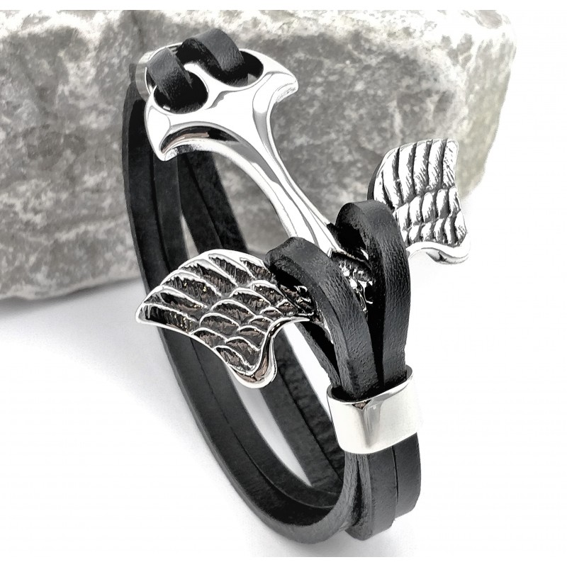 Zwart Leren Armband met RVS Adelaarsvleugels Anker Zwart Leren Armband met RVS Adelaarsvleugels Anker