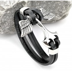 Zwart Leren Armband met RVS Adelaarsvleugels Anker