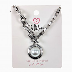 Dottilove Ketting 14k Witgoud Plated RVS Choker met Parel T-sluiting