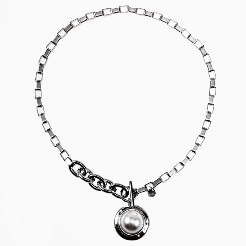 Dottilove Ketting 14k Witgoud Plated RVS Choker met Parel T-sluiting Dottilove Ketting 14k Witgoud Plated RVS Choker met Parel T-sluiting