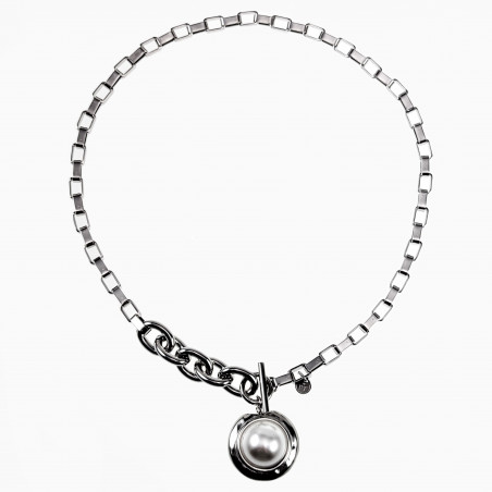 Dottilove Ketting 14k Witgoud Plated RVS Choker met Parel T-sluiting
