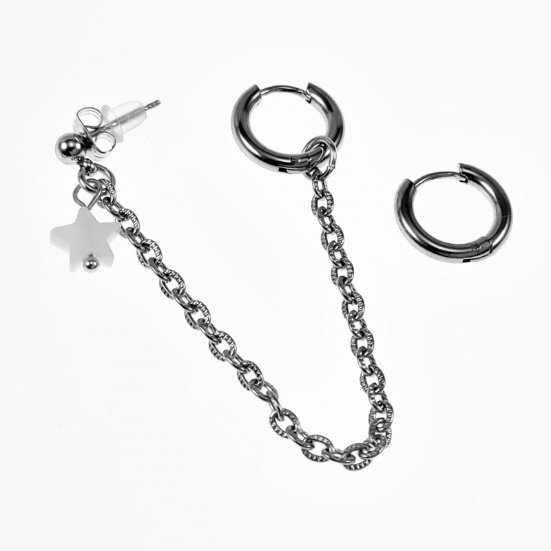 Driedelige Oorbellen Dames - Roestvrij staal - ∅15mm Oorringen - Ball Earring met Ketting - Witte Schelp Ster Hanger