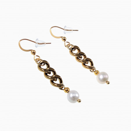 Lange Oorhangers  met Cubaanse Ketting en Zoetwaterparels Verguld RVS