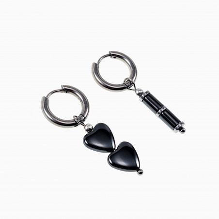 Oorbellen Dames Hematiet Steen RVS Oorringen met Hart en Buis Hangers