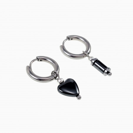 Oorbellen Dames Hematiet Steen RVS Oorringen met Hart en Buis Hangers