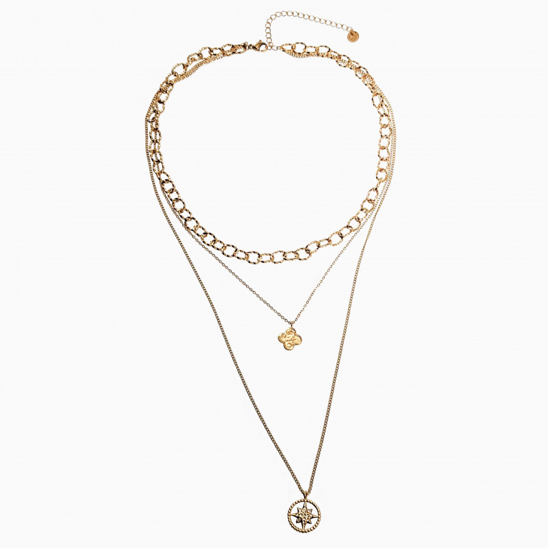 Dottilove Ketting Dames - Multilayer Ketting - 14k Geel Goud Plated RVS - Drielaagse Ketting met Hangers - Verstelbaar