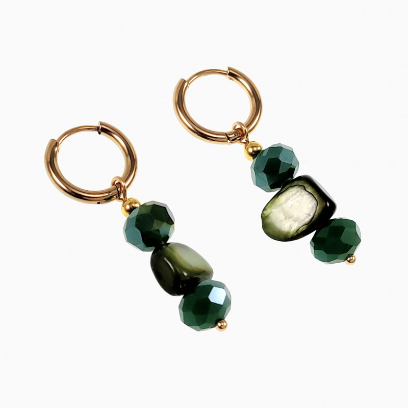 ∅14mm Oorringen met met Groene Glaskralen en Schelp Dames Verguld RVS ∅14mm Oorringen met met Groene Glaskralen en Schelp Dames Verguld RVS