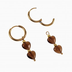 ∅16mm Oorringen Dames - Verguld RVS - Oorbellen met Bruin Opaal Hart Stenen - Oorbellrn met Hart Hangers