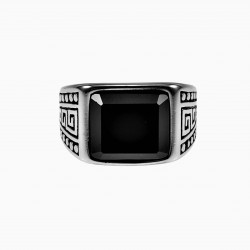 Zegelring Heren - Griekse Design - Roestvrij Staal - Ring met Onyxsteen