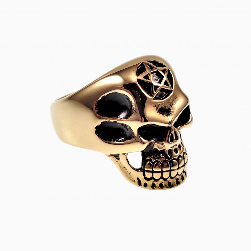 Schedel Ring Heren - Verguld Roestvrij Staal - Skull Ring - Schedelring met Pentagram