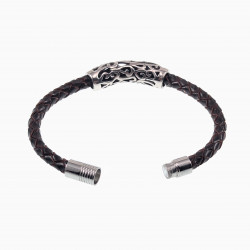 18cm Armband Heren - Roestvrij Staal - Donkerbruin Leren Armband - Armband met Gebogen-Hanger