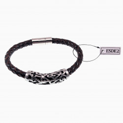 18cm Armband Heren - Roestvrij Staal - Donkerbruin Leren Armband - Armband met Gebogen-Hanger