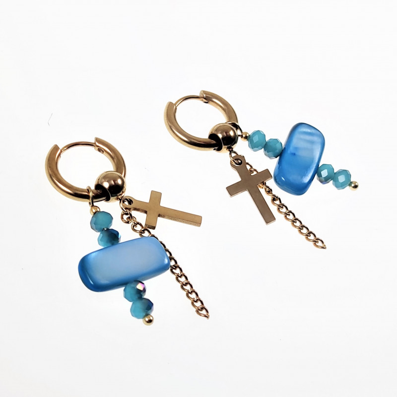∅15mm Oorringen Dames - Verguld RVS Oorbellen met Twee Kruis Hangers ∅15mm Oorringen Dames - Verguld RVS Oorbellen met Twee Kruis Hangers
