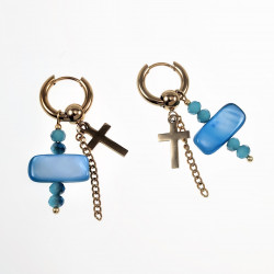 ∅15mm Oorringen Dames - Turkooisblauwe - Verguld Roestvrij staal - Oorbellen met Twee Kruis Hangers
