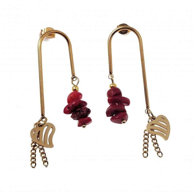 U-vorm Oorbellen met Twee Hangers Dames Rode Stenen - Verguld RVS U-vorm Oorbellen met Twee Hangers Dames Rode Stenen - Verguld RVS